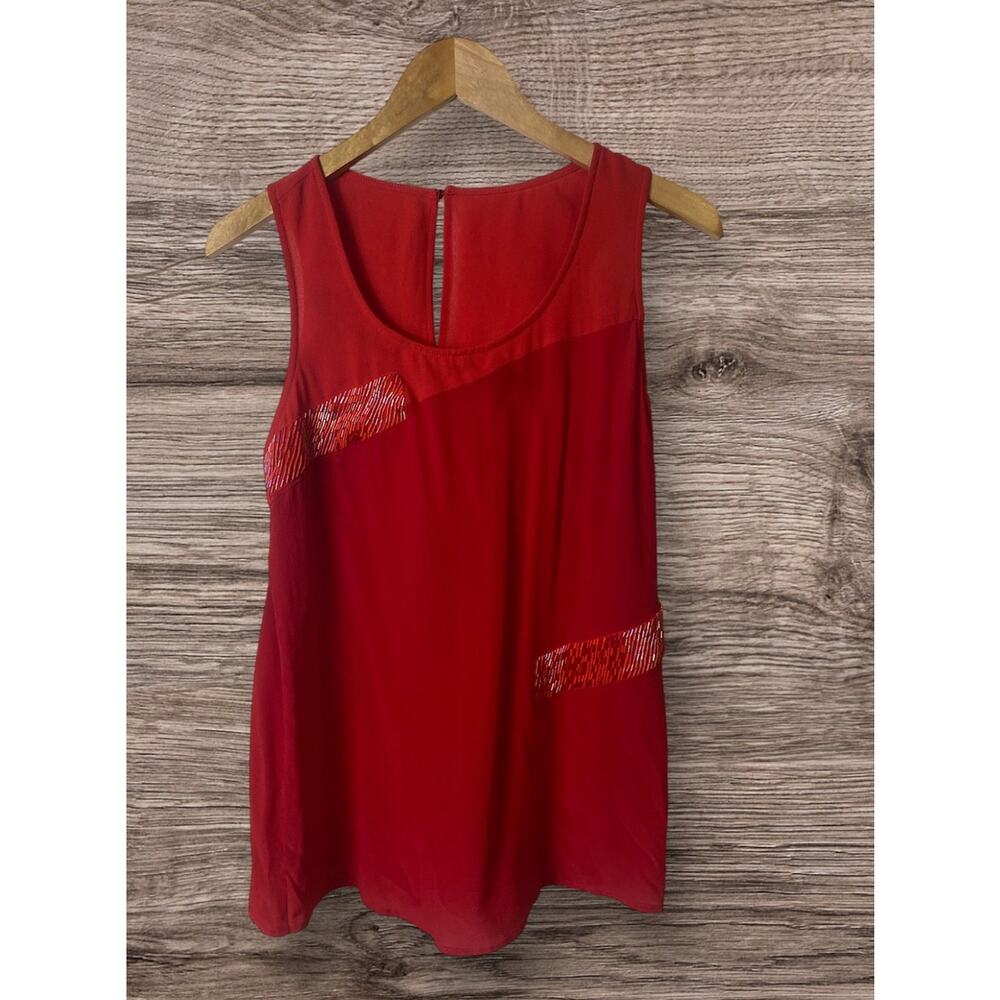 MM Couture by Miss Me Women's Red Silk Beaded Sleeveless Blouse Size Medium